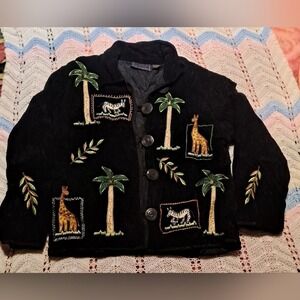 Vintage Safari Embroidered Corduroy Jacket‎ Black Giraffe Zebra Palm Tree Art L